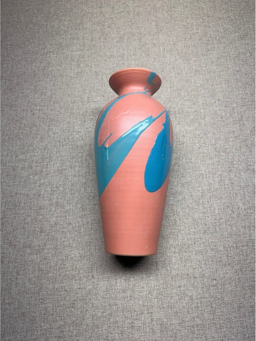 Vintage Toyo Japan Pink and Blue Ceramic Vase, 11 Inches Tall